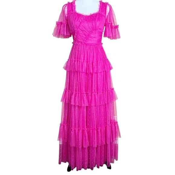Maxi Dress Size XXS Pink Tulle Whimsical Fairy Princess Prom Formal Star Print - Picture 2 of 11